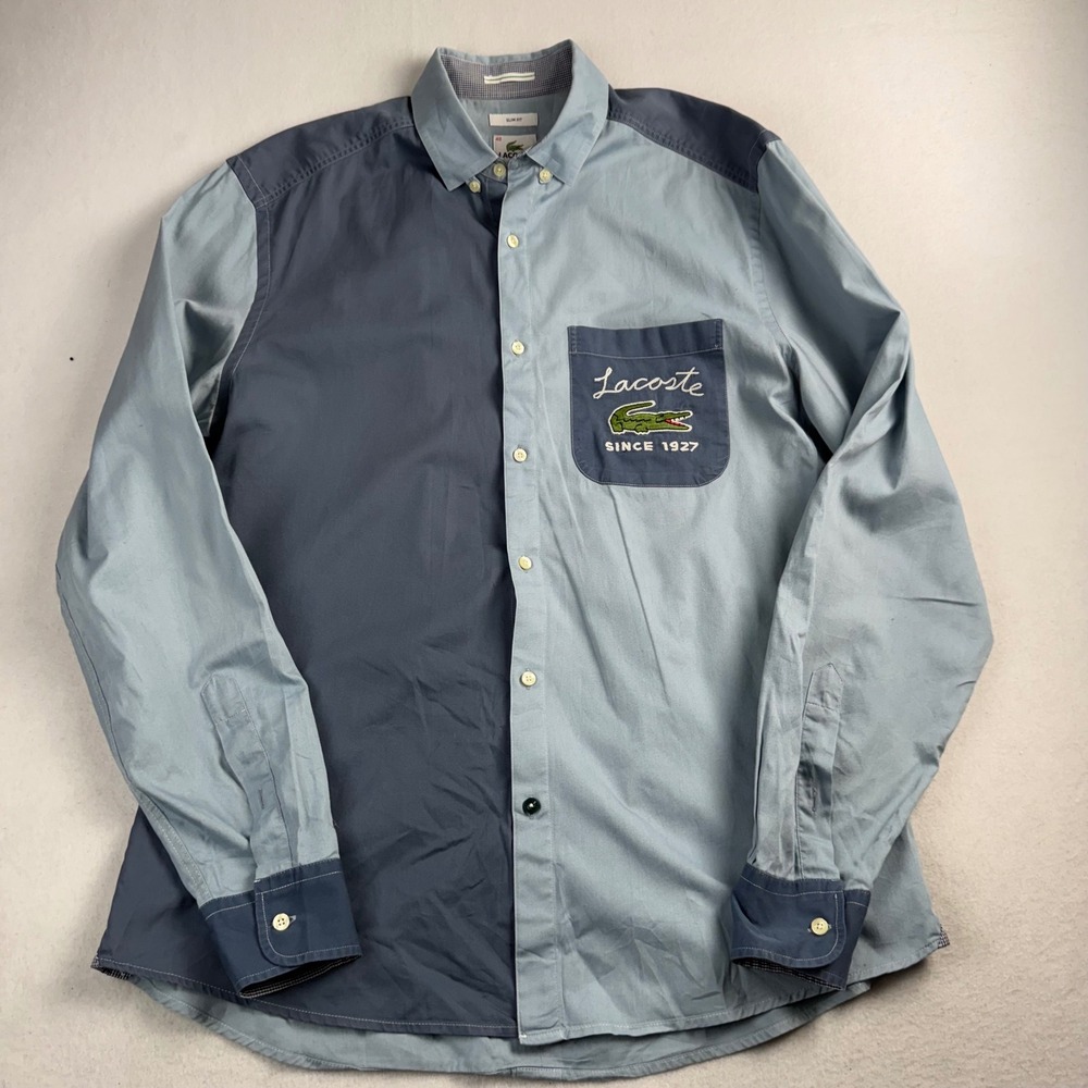 Lacoste Mens Slim Fit Colorblock Button Down Shirt Blue Embroidered Logo Size 40